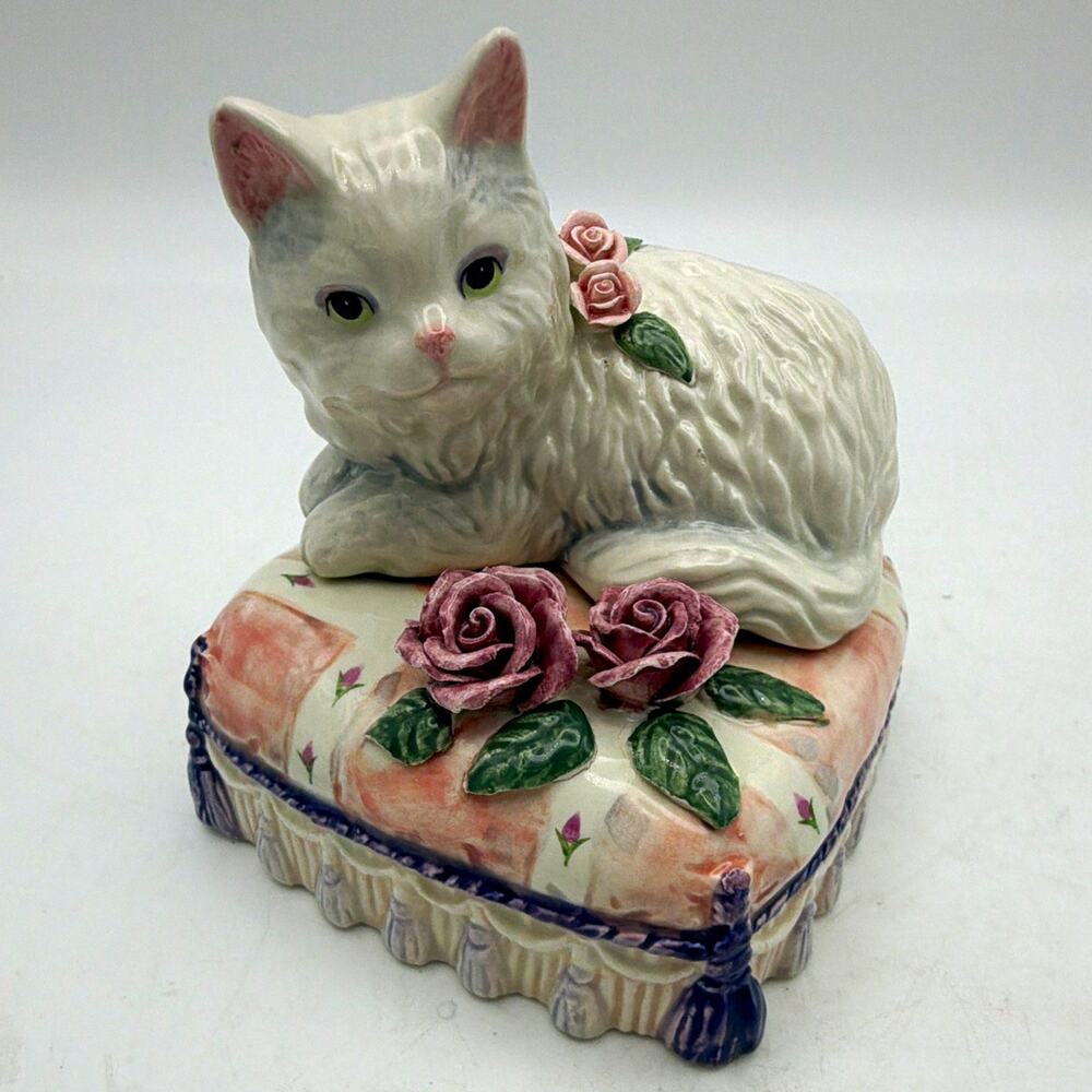 White Porcelain Cat Figurine On Pink Floral Cushion With Roses, Signed Base